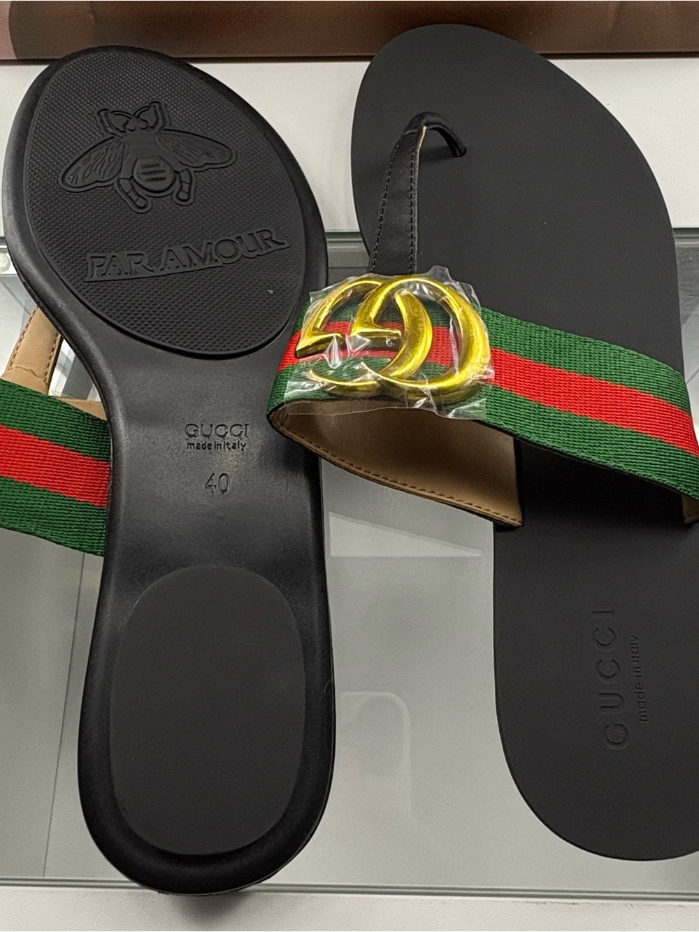 Gucci Black Slides with Green-Red Web and Gold Double G - Picture 3 of 3